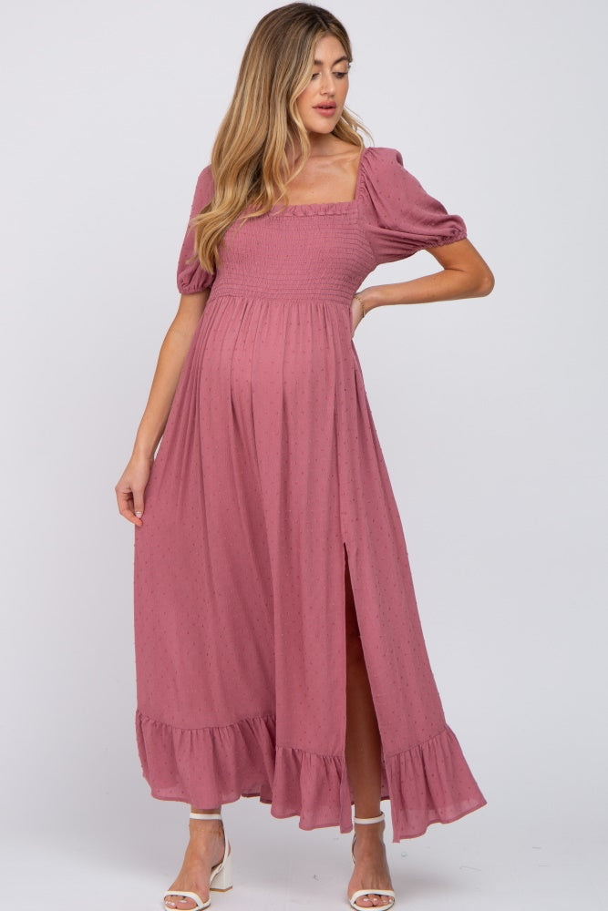 Umstands-Maxikleid in Mauve mit Punktmuster, eckigem Ausschnitt und Smok-Mieder