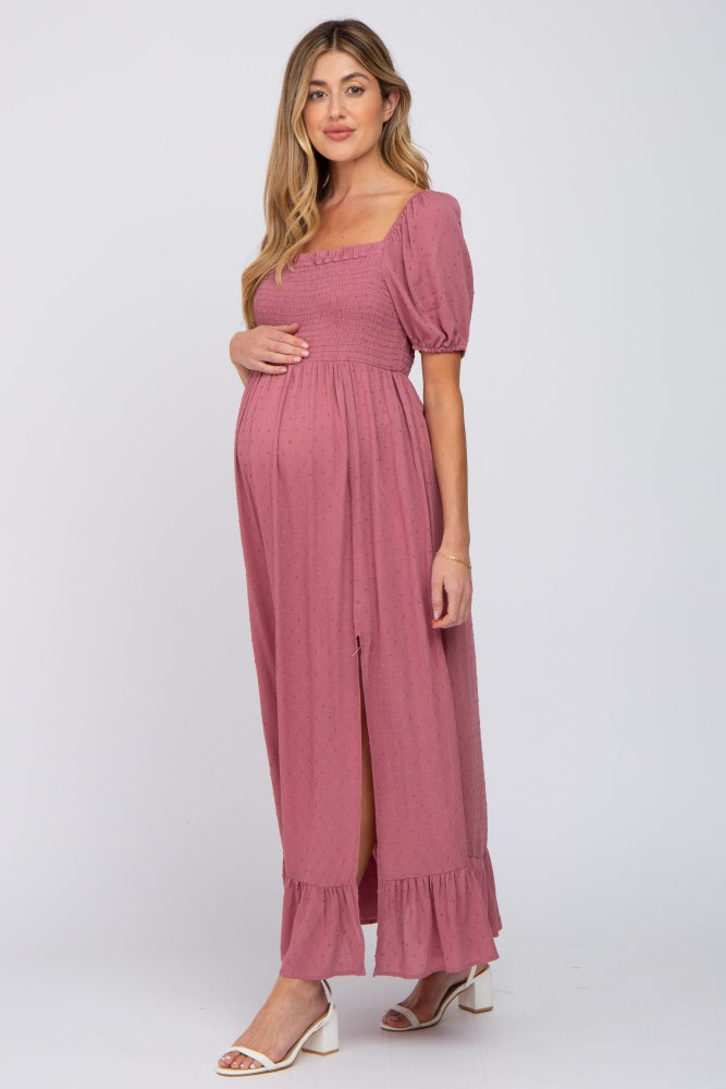 Umstands-Maxikleid in Mauve mit Punktmuster, eckigem Ausschnitt und Smok-Mieder