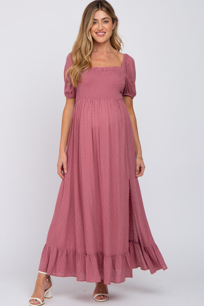 Umstands-Maxikleid in Mauve mit Punktmuster, eckigem Ausschnitt und Smok-Mieder