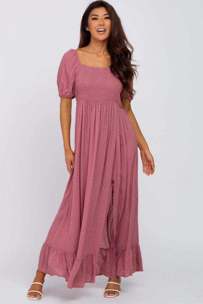 Umstands-Maxikleid in Mauve mit Punktmuster, eckigem Ausschnitt und Smok-Mieder