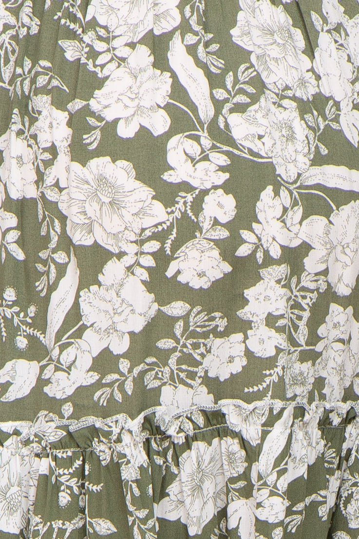 Umstandskleid mit floralem Muster, Smok-Details und Volants in Helloliv