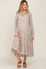 Gestuftes Umstands-Midikleid mit Blumenmuster, Knopfleiste und langen Ärmeln
