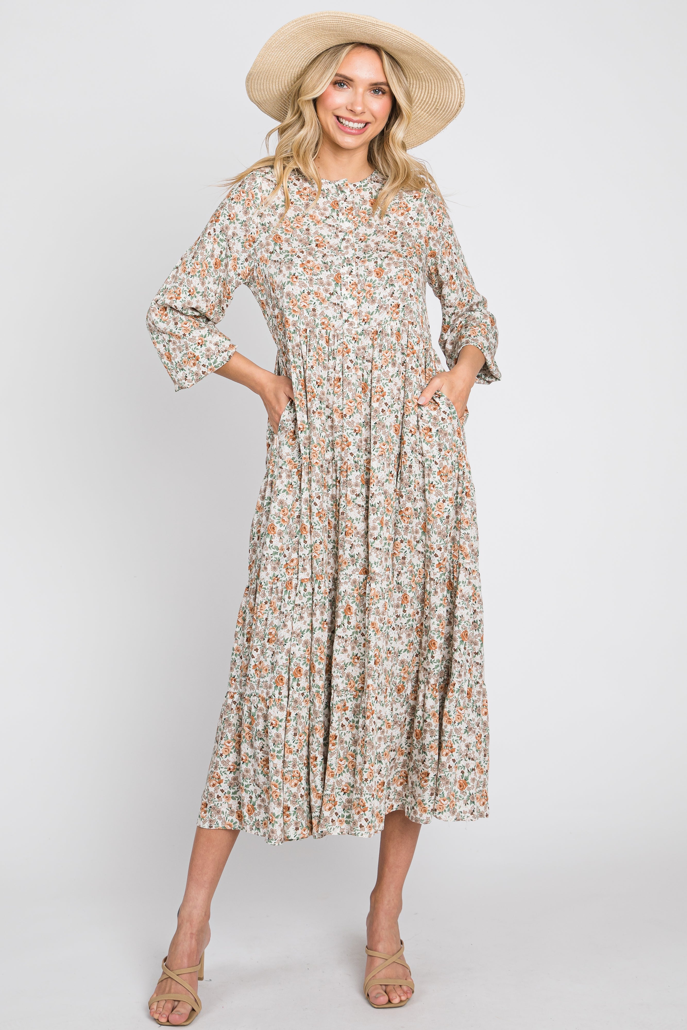 Gestuftes Umstands-Midikleid mit Blumenmuster, Knopfleiste und langen Ärmeln