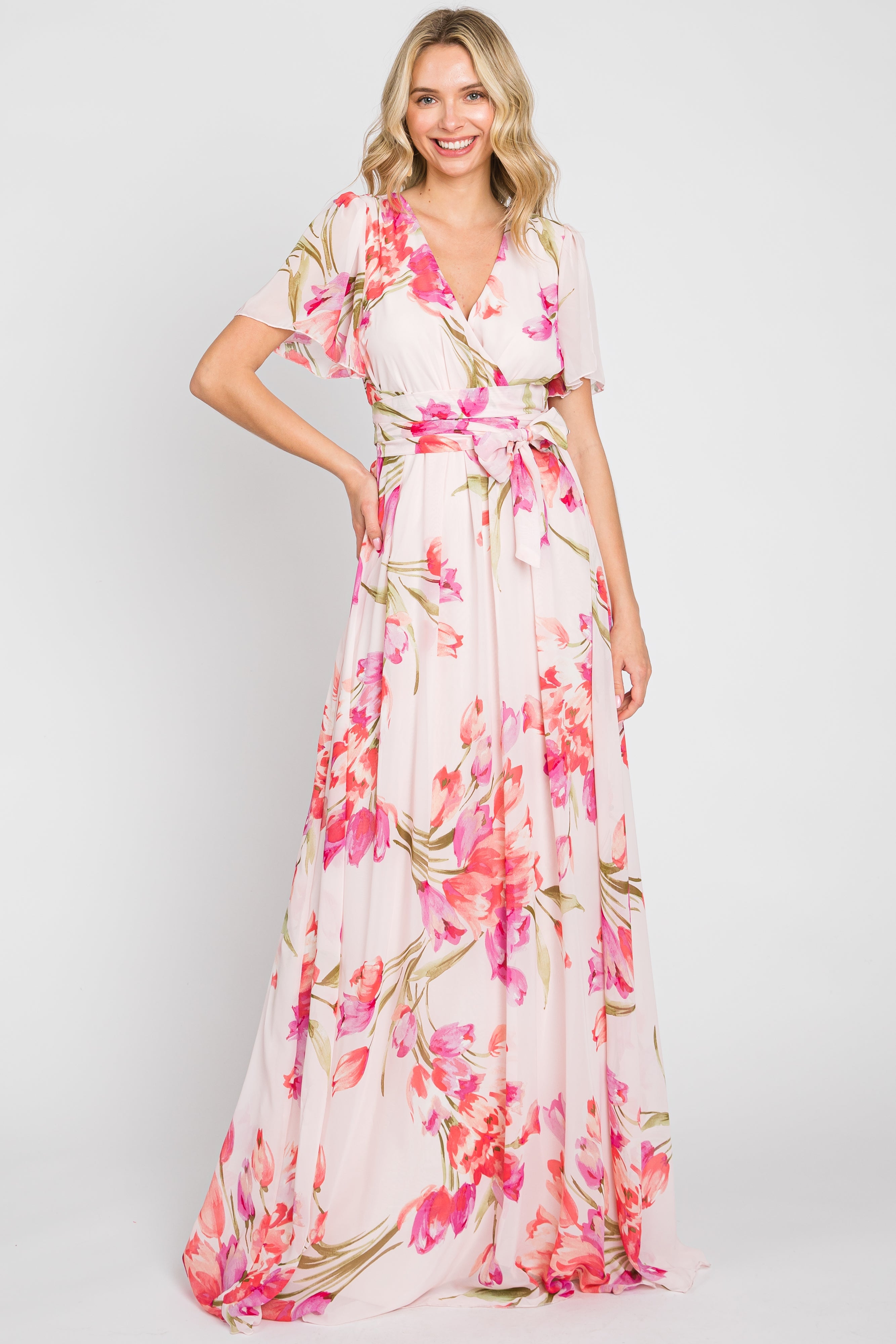Umstandsmaxikleid aus Chiffon mit Tulpen-Blumenmuster und Wickeloptik