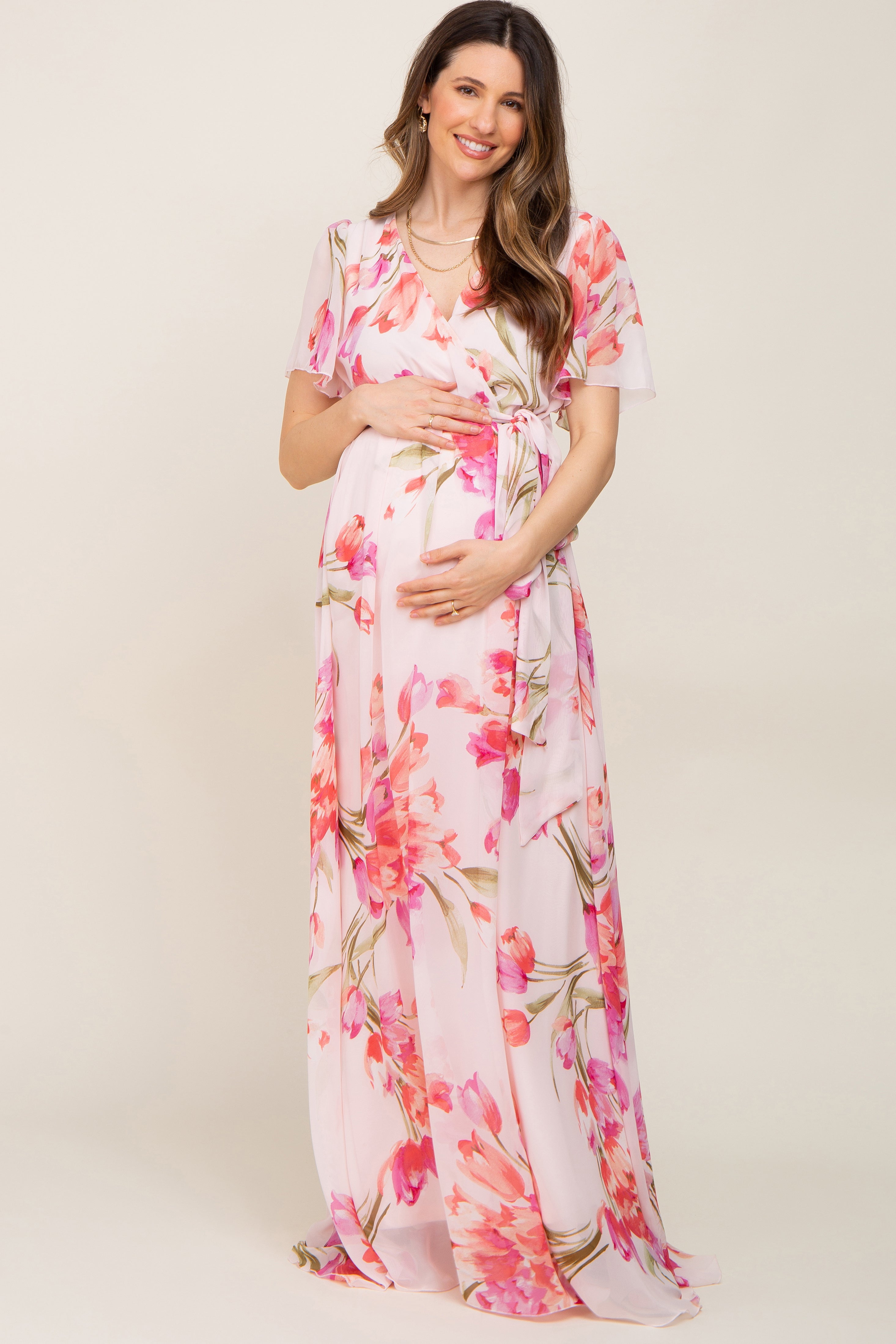 Umstandsmaxikleid aus Chiffon mit Tulpen-Blumenmuster und Wickeloptik