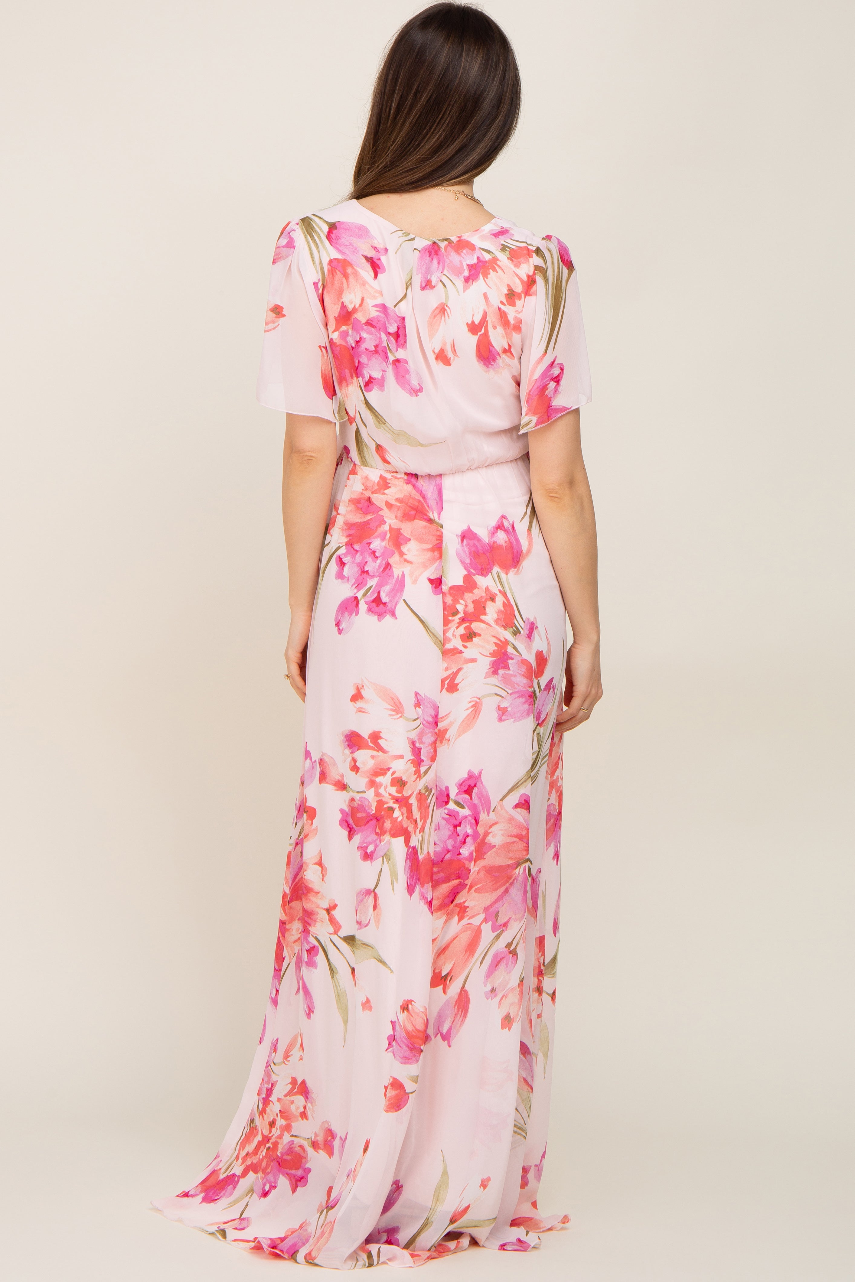 Umstandsmaxikleid aus Chiffon mit Tulpen-Blumenmuster und Wickeloptik
