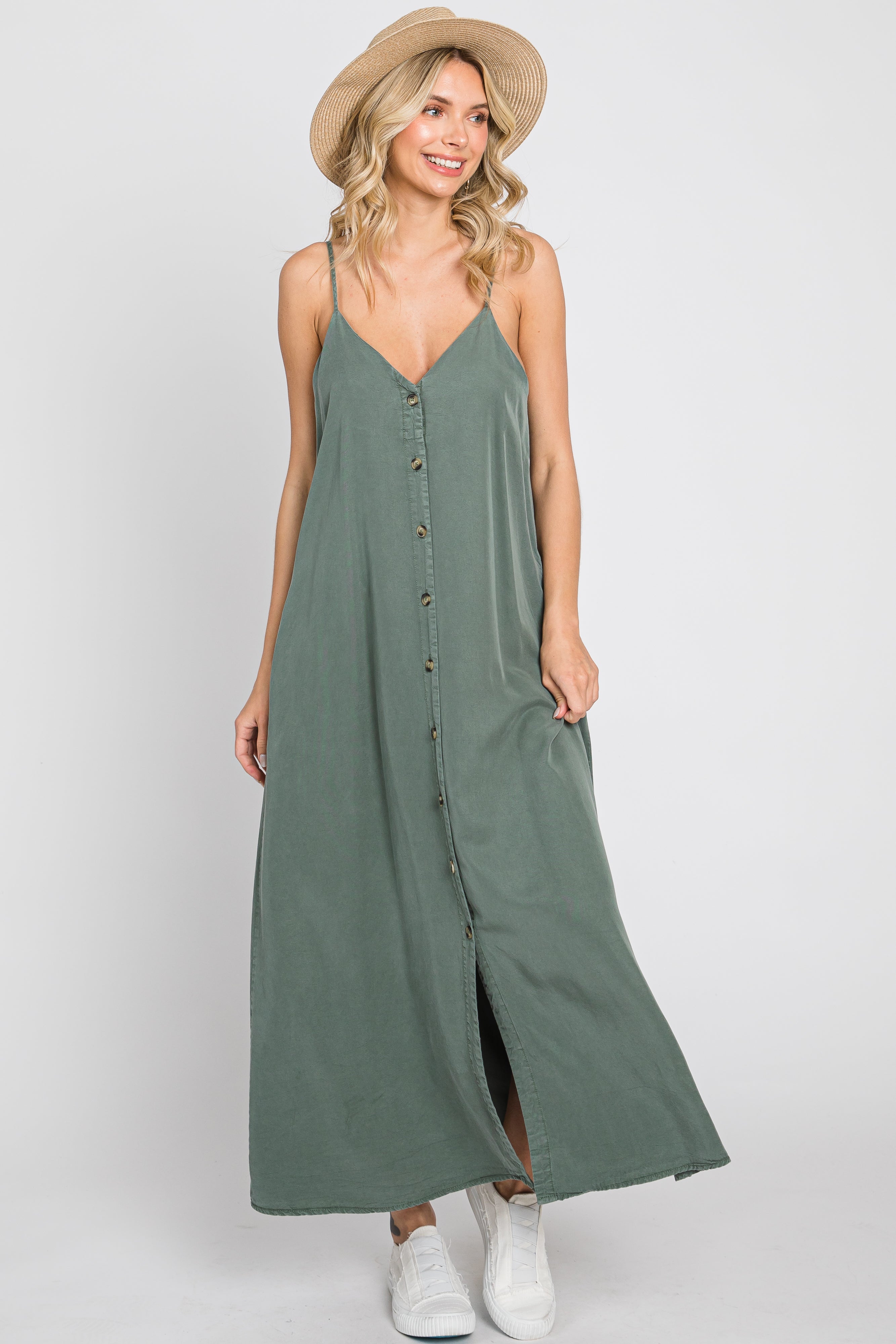 Umstands-Trägerkleid in Midi-Länge mit Knopfleiste