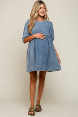 Umstands-Minikleid aus Chambray in verwaschenem Denim-Look in Blau