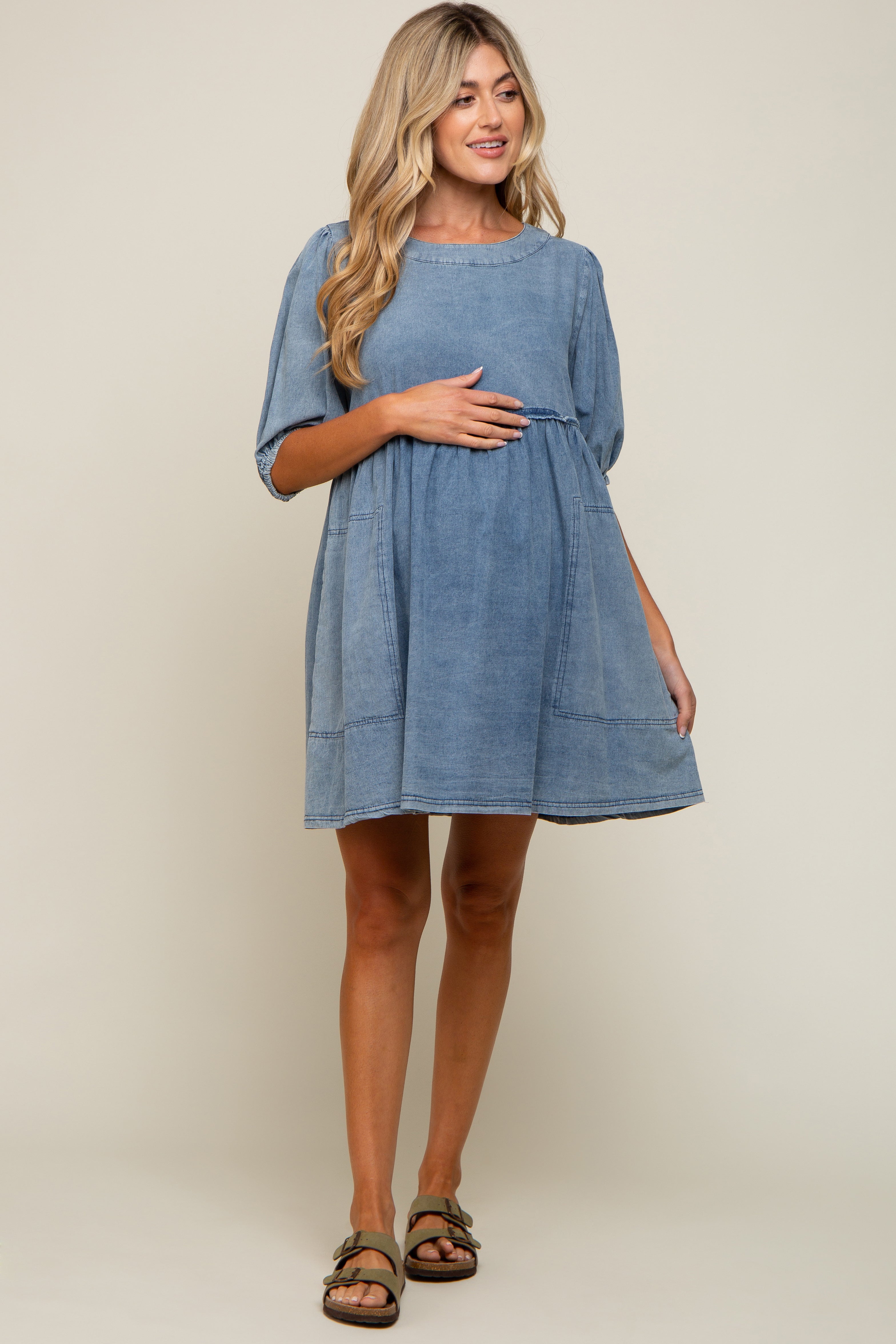 Umstands-Minikleid aus Chambray in verwaschenem Denim-Look in Blau