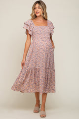 Umstands-Midikleid mit Blumenmuster und Flatterärmeln