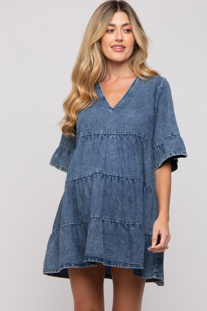 Umstandskleid in Stufenoptik mit Vintage-Waschung in Blau