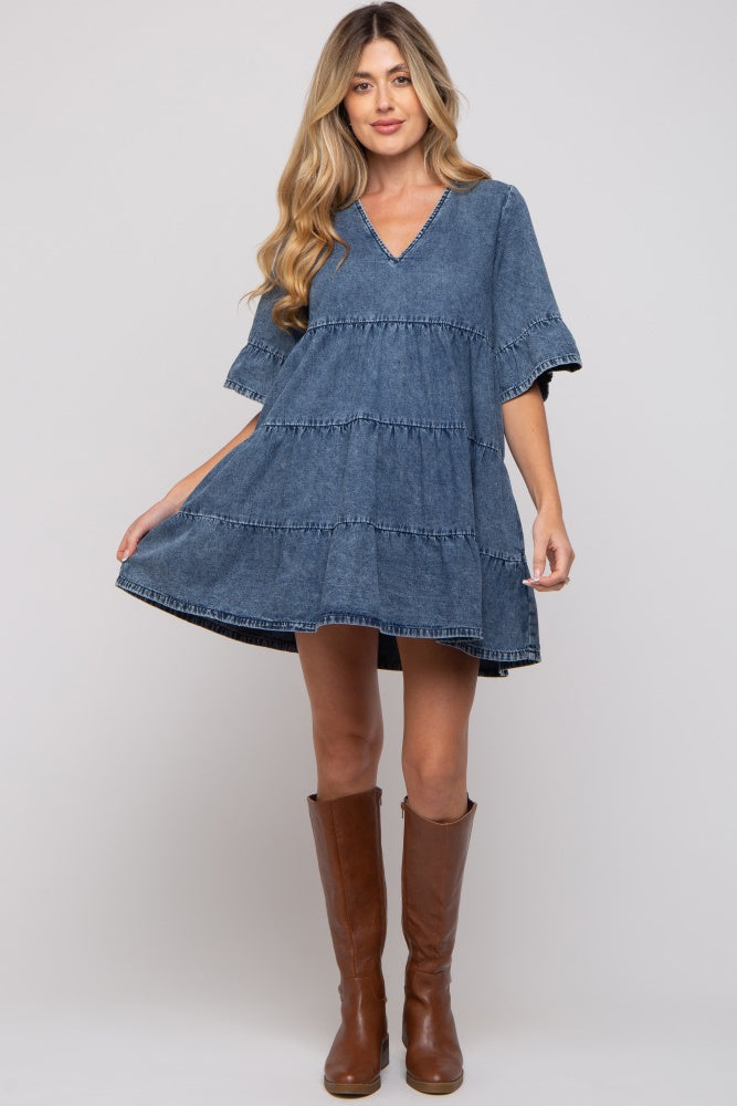 Umstandskleid in Stufenoptik mit Vintage-Waschung in Blau