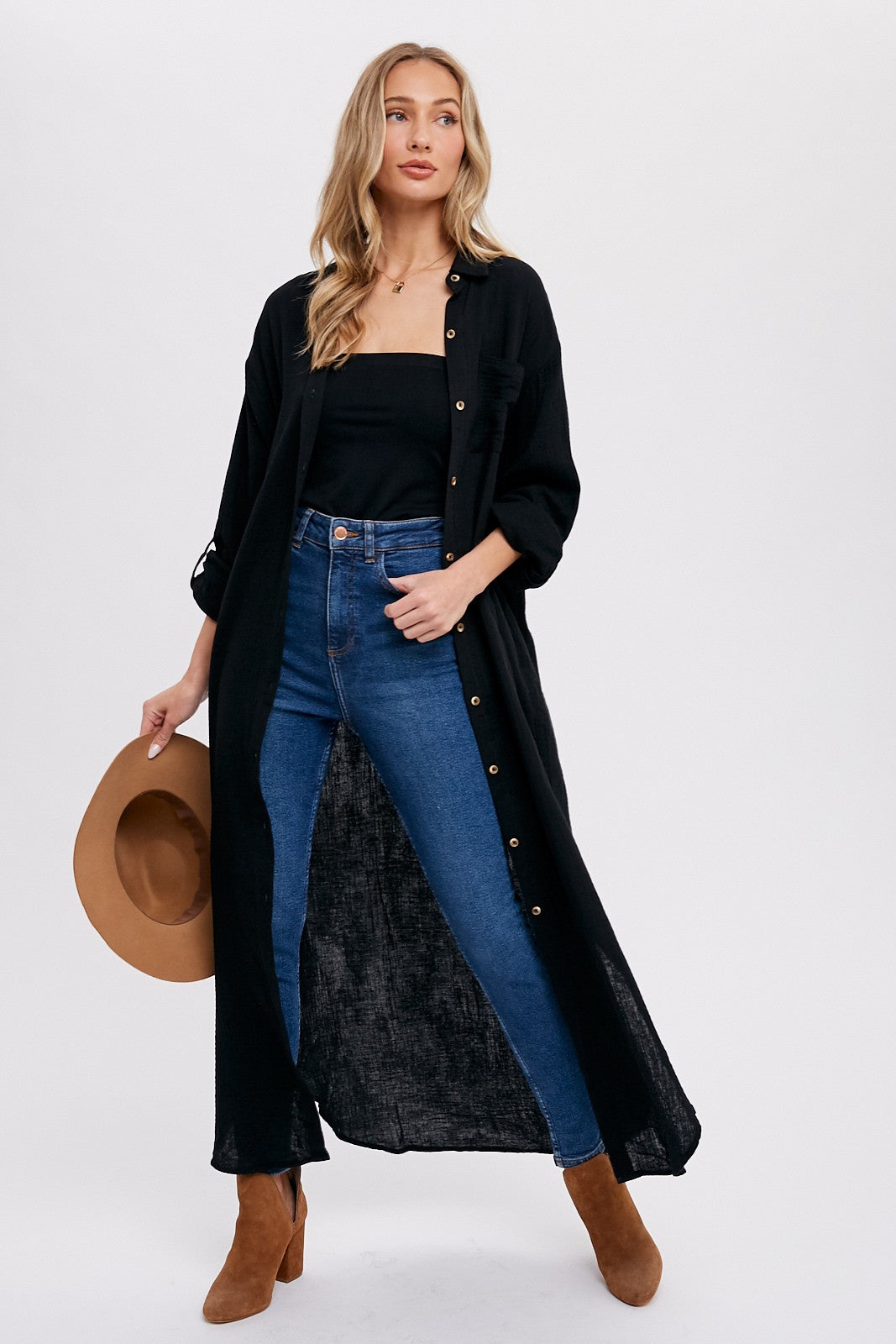 Umstands-Midikleid mit durchgehender Knopfleiste und 3/4-Ärmeln
