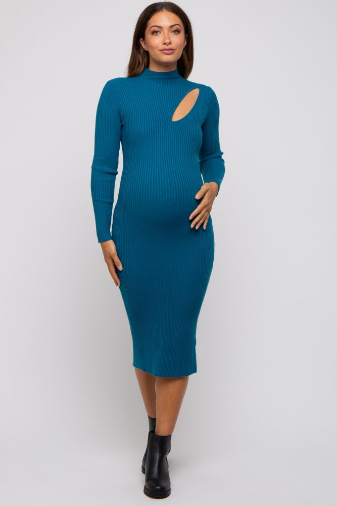 Figurbetontes Umstands-Strickkleid mit Cut-out in Petrol