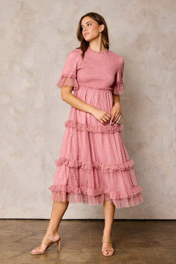 Umstands-Midikleid aus Tüll mit Punktemuster und Smok-Detail in Rosa
