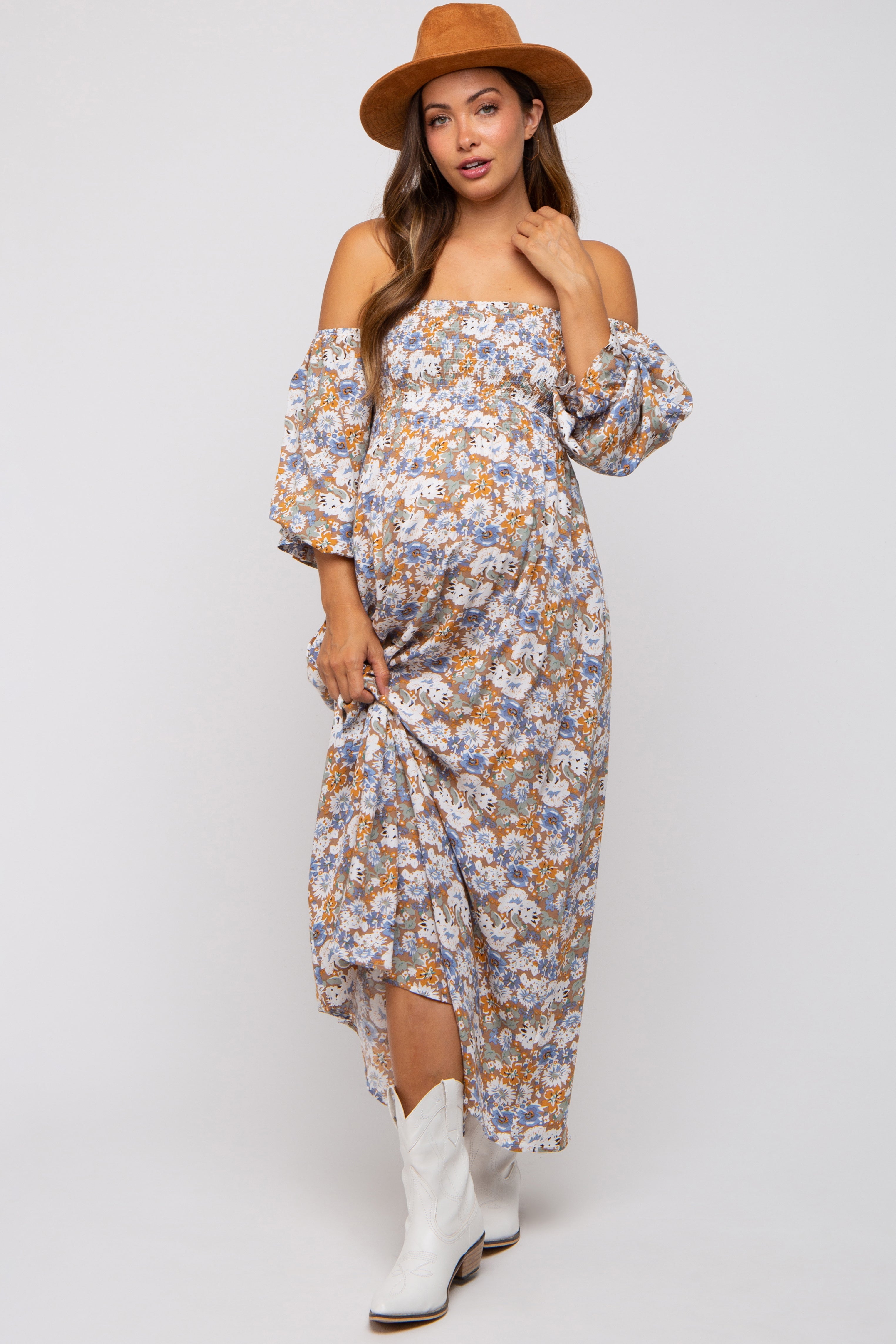 Umstandsmaxikleid mit Blumenmuster, Smok und Off-Shoulder-Design in Taupe