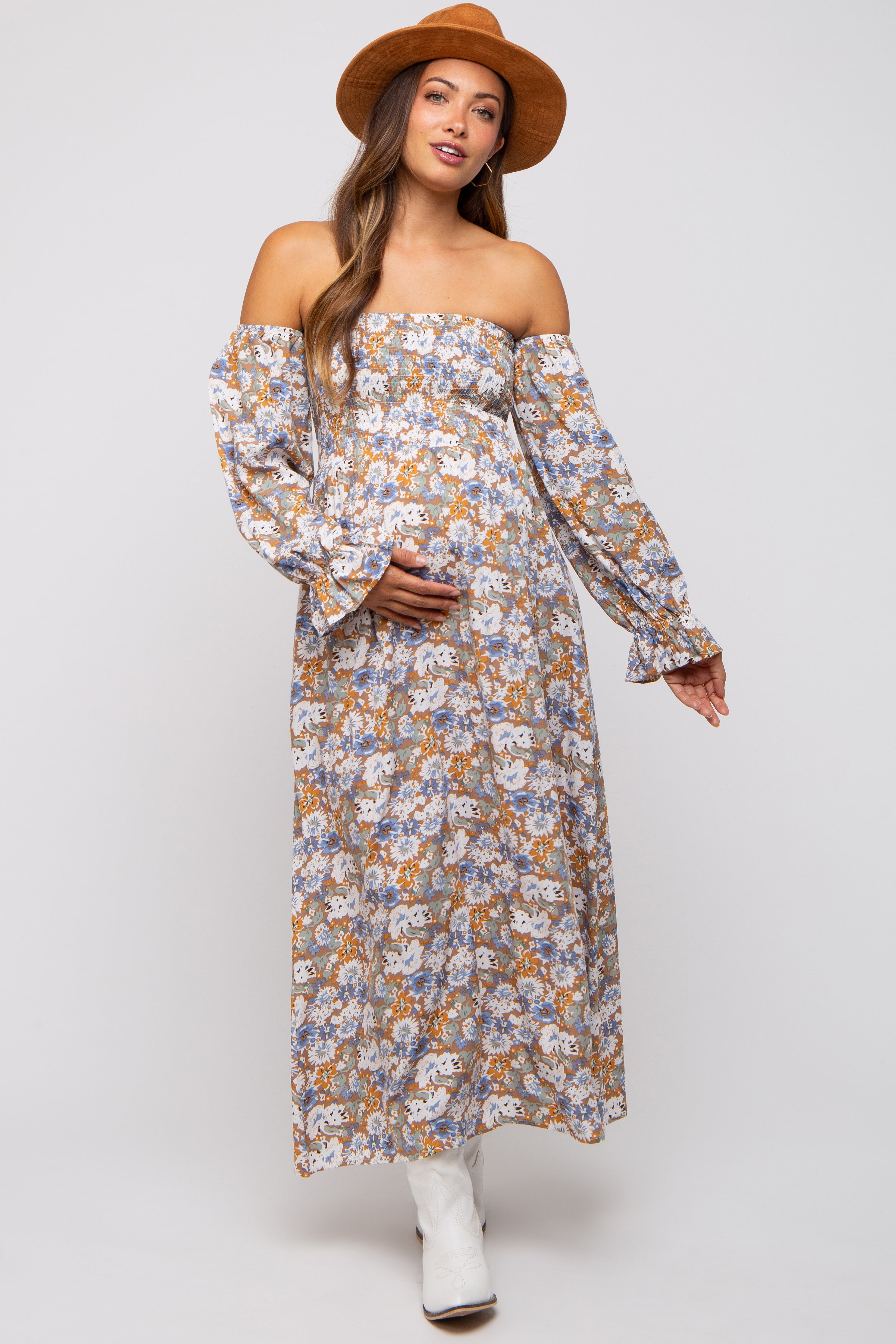 Umstandsmaxikleid mit Blumenmuster, Smok und Off-Shoulder-Design in Taupe