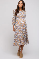 Umstands-Midikleid mit Blumenmuster, Smok und Stufenrock in Taupe