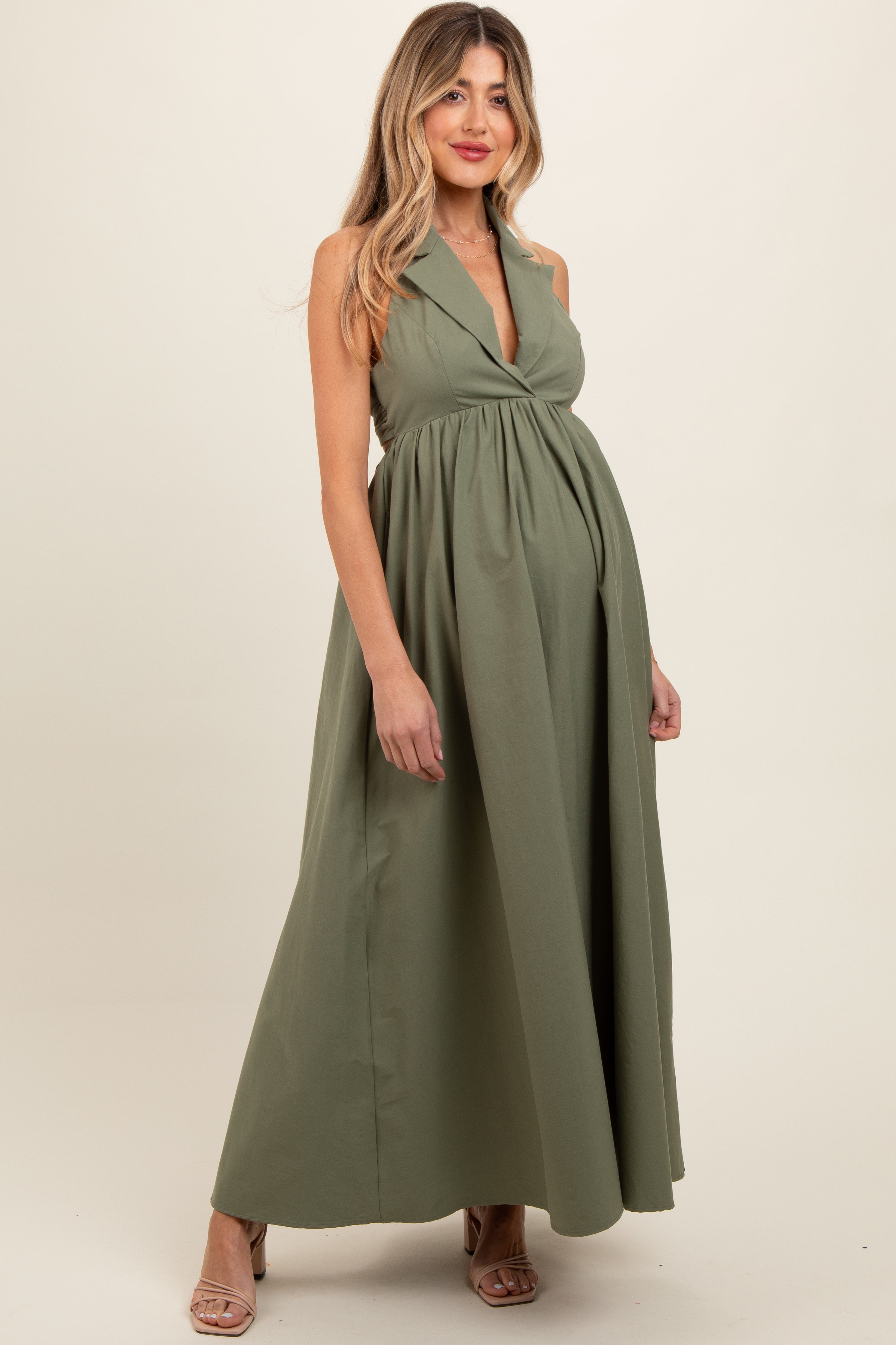 Umstandsmaxikleid mit Kragen, Neckholder und Rückenschnürung in Helloliv