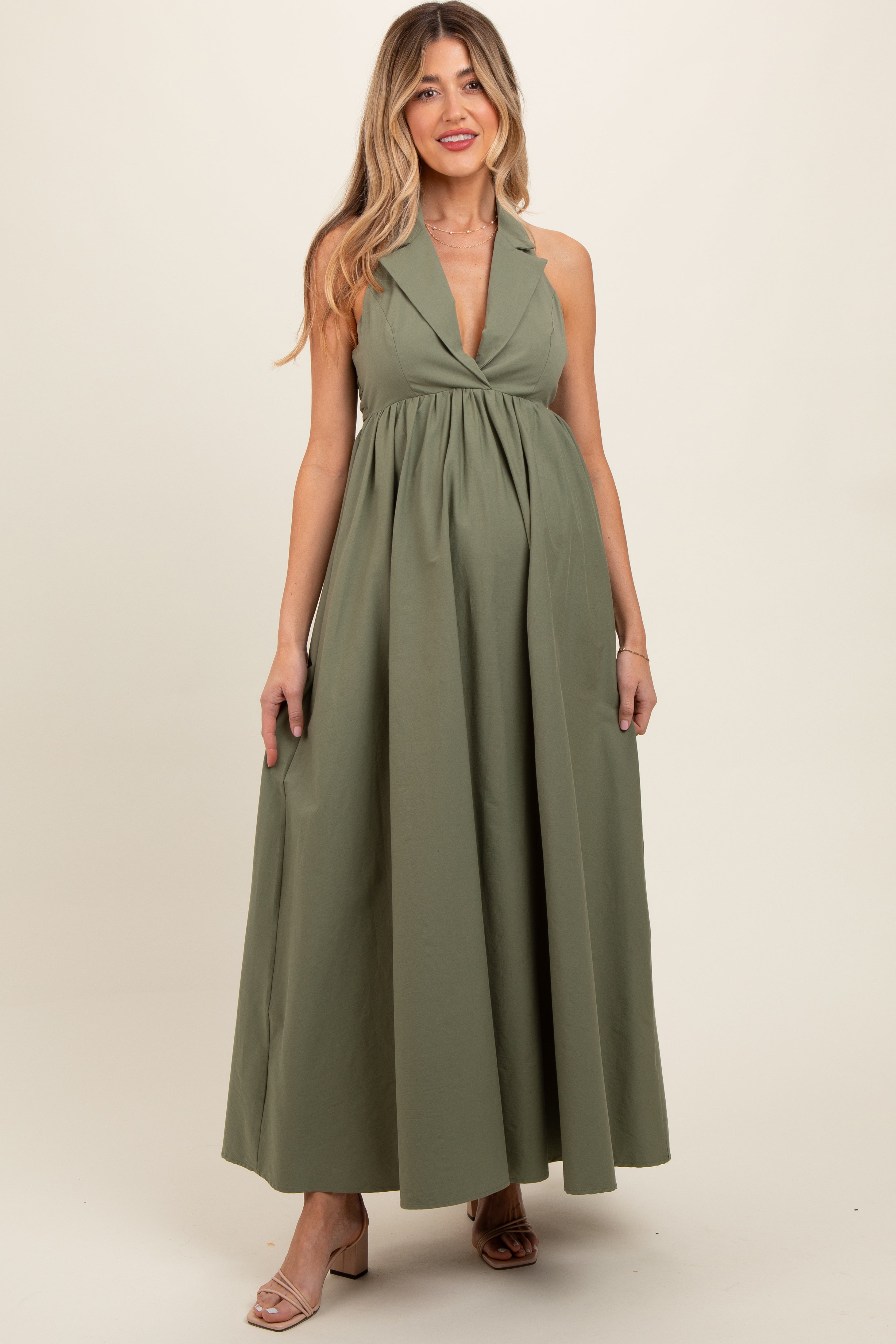 Umstandsmaxikleid mit Kragen, Neckholder und Rückenschnürung in Helloliv