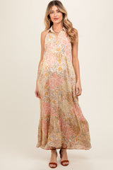 Ärmelloses Umstands-Maxikleid mit Blumenmuster, Knopfleiste, Stufen und Kragen