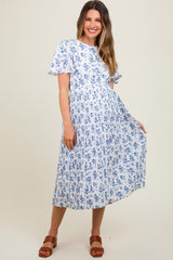 Plissiertes Umstands-Midikleid mit Blumenmuster in Blau