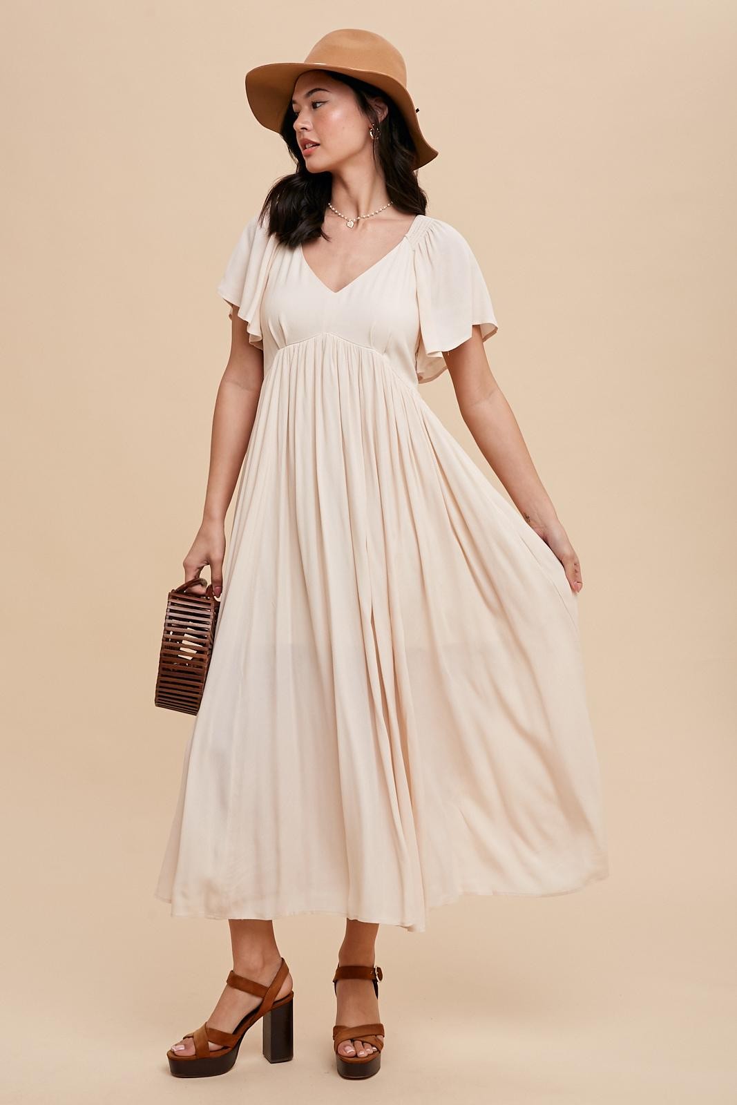 Umstands-Midikleid mit V-Ausschnitt und kurzen Flügelärmeln