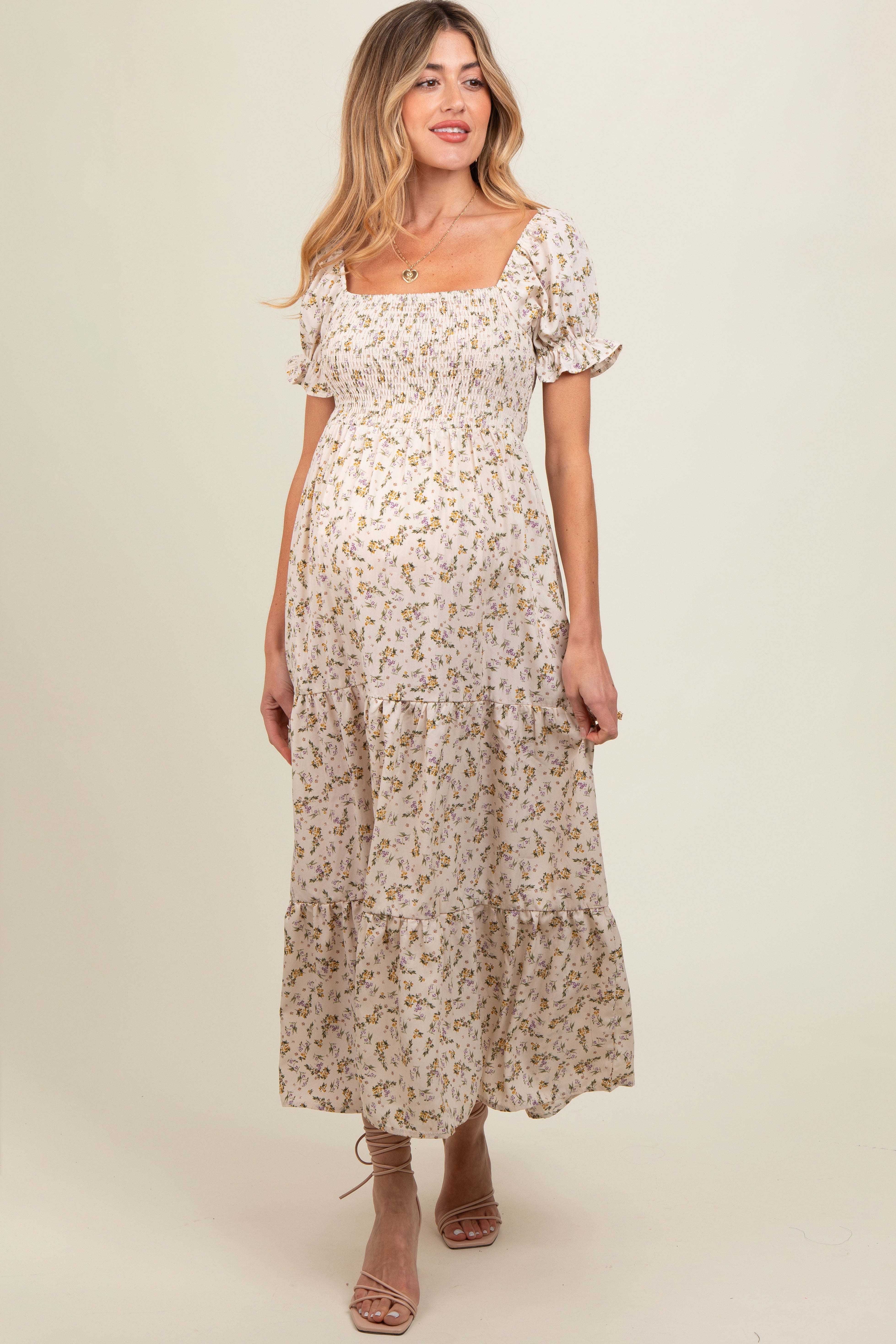 #Farbe_Creme geblümt Puffärmel Maxi