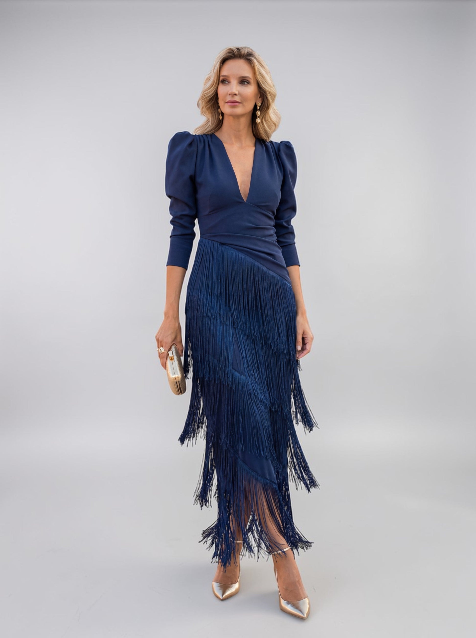 Abito elegante Donna | Frange a Strati & Vita Drappeggiata che Slancia