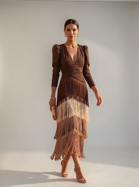 Abito elegante Donna | Frange a Strati & Vita Drappeggiata che Slancia
