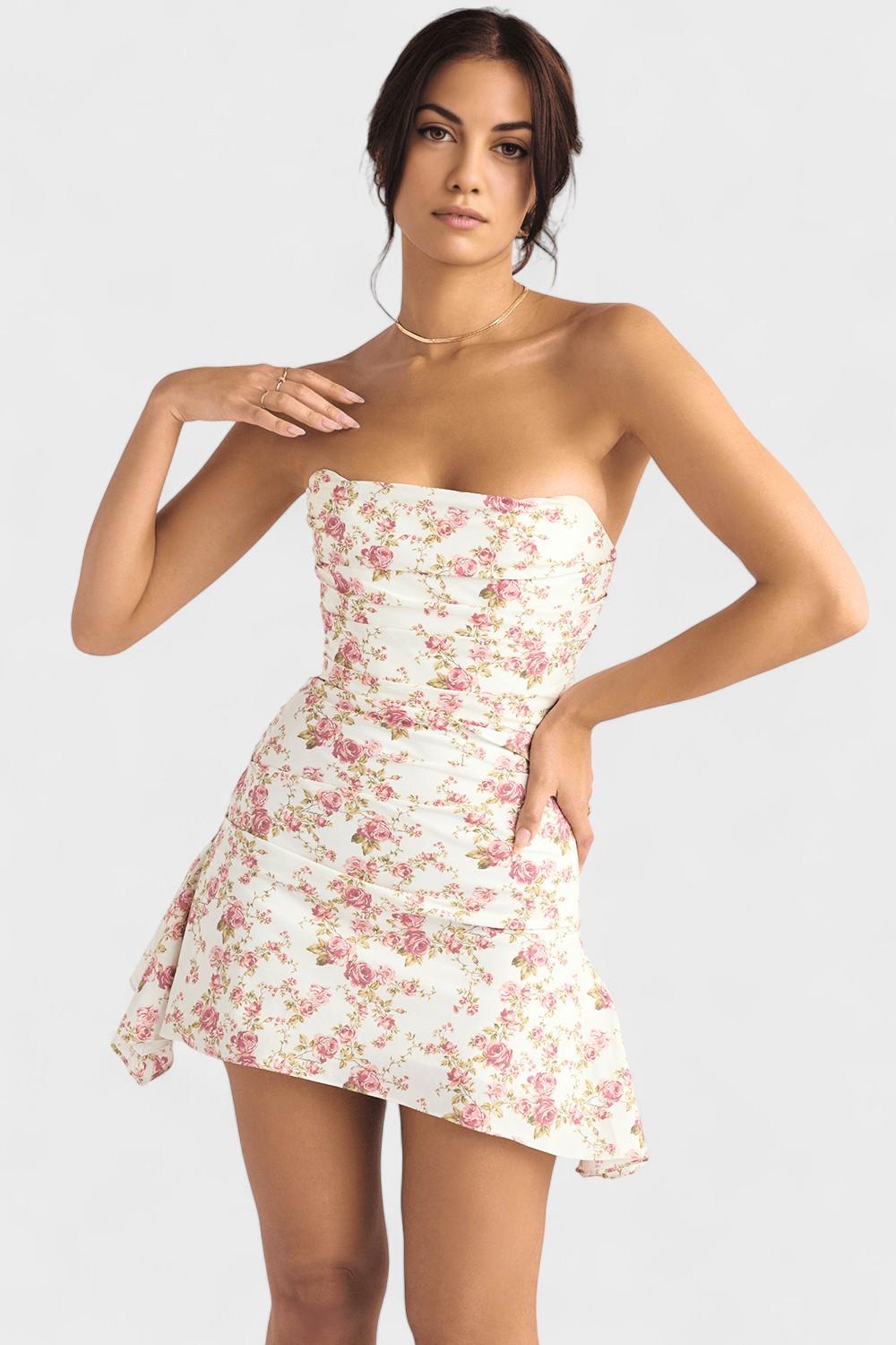 Mini Abito Donna | Corpetto a Fascia Floreale & Drappeggio Romantico